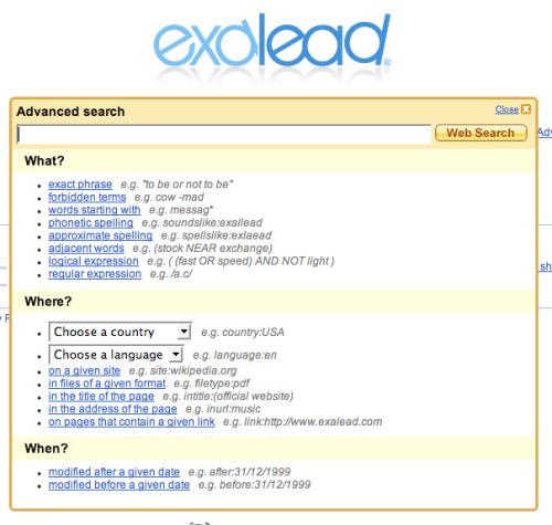 Exalead advanced search options